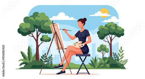 Modern vector illustration of woman painting on canvas in sunny park, creative summer hobby and artistic outdoor lifestyle concept