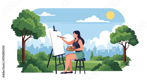 Modern vector illustration of woman painting on canvas in sunny park, creative summer hobby and artistic outdoor lifestyle concept