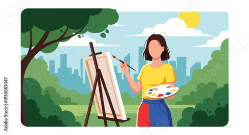 Modern vector illustration of woman painting on canvas in sunny park, creative summer hobby and artistic outdoor lifestyle concept