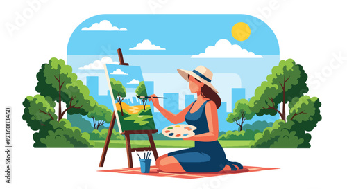 Modern vector illustration of woman painting on canvas in sunny park, creative summer hobby and artistic outdoor lifestyle concept