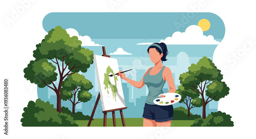 Modern vector illustration of woman painting on canvas in sunny park, creative summer hobby and artistic outdoor lifestyle concept