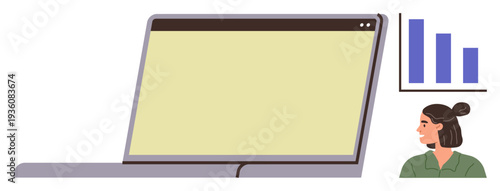 Digital analysis, business planning, data management, educational tools, online research, communication. Laptop with empty screen alongside bar chart and woman in profile view. Digital analysis