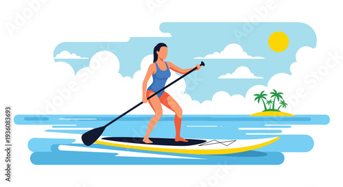 Modern vector illustration of woman practicing paddle board on calm ocean during sunny day, active summer sport and coastal travel lifestyle concept