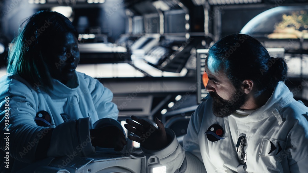 Fototapeta premium Researchers fly together in starship exploring Mars, expanding human presence in space Cosmonauts ensuring operational readiness before landing on red planet supporting future colonization