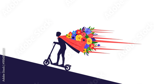 A speedy delivery person on an electric scooter races up an incline, carrying a huge, beautiful bouquet of flowers, conveying fast and reliable service.