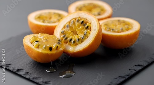 Freshly sliced granadilla fruit showing the pulp and seeds on a dark stone