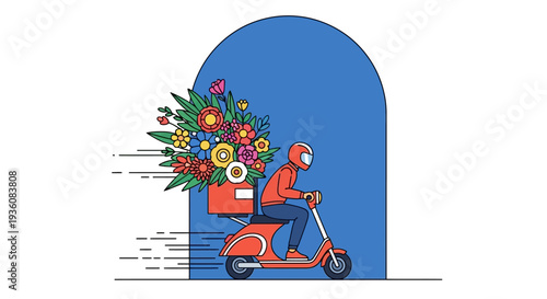 A fast courier on a vibrant red scooter delivers a beautiful, colorful bouquet of fresh flowers through an urban archway, symbolizing efficient service.