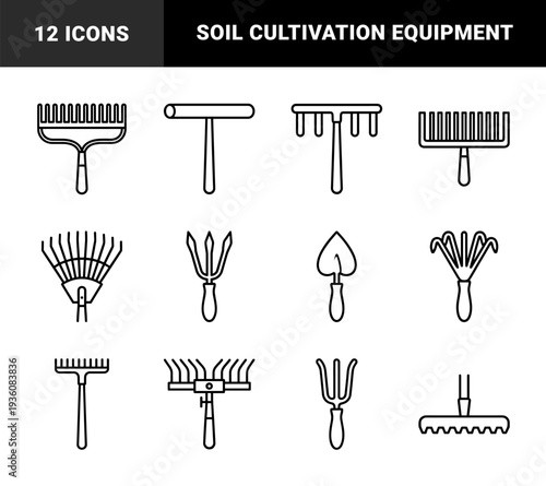 Garden maintenance and landscaping equipment for agricultural planning. Monoline technical pictograms featuring various rake designs and cultivation hand tools.