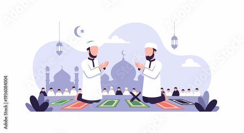 Two Muslim men praying together in a mosque during Ramadan, observing Islamic worship.