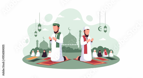 Two Muslim Men Praying Together on Prayer Rugs.