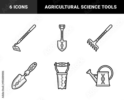 Biotechnology and genetic engineering in agriculture. Monoline garden tools featuring DNA helix symbols for organic farming and CRISPR plant research.