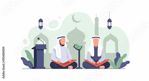 Two Muslim men reading the Quran during Ramadan.