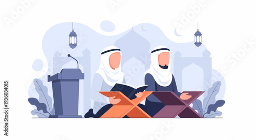 Two Muslim Men Reading Holy Quran Book Together in Mosque.