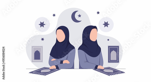Two Muslim women wearing hijabs illustrating Islamic culture and faith.