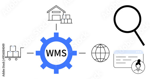 Central gear labeled WMS links warehouse, inventory carts, search magnifier, internet globe, and user interaction. Ideal for supply chain, inventory, warehouse, management distribution logistics