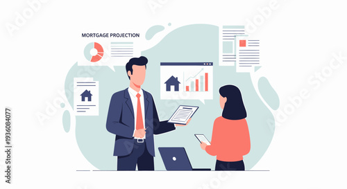 Two people discussing mortgage projections and real estate investment plans.