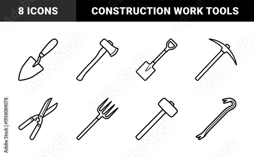 Construction and gardening manual equipment in bold monoline style. Heavy-duty hardware tools for building, maintenance, and landscaping projects.