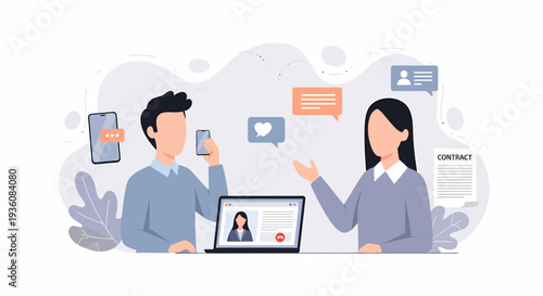 Two people discussing business in a flat illustration style.