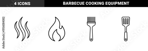 Barbecue grilling and outdoor cooking equipment symbols. Minimalist monoline pictograms of fire flame, heat steam, basting brush, and spatula.