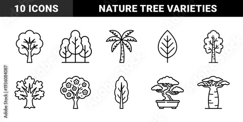 Arboriculture and botanical diversity symbols for environmental education. Monoline black line art featuring baobab, palm, bonsai, and deciduous species.