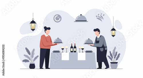 Two professional waiters serve food on trays in a restaurant setting.