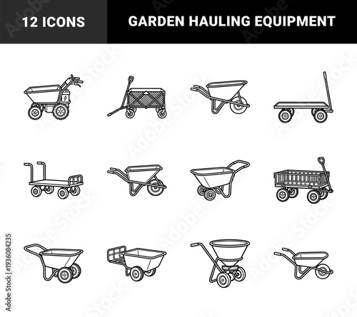Heavy duty gardening and construction transport equipment featuring manual wheelbarrows, industrial carts, and powered utility trolleys in a technical monoline style.