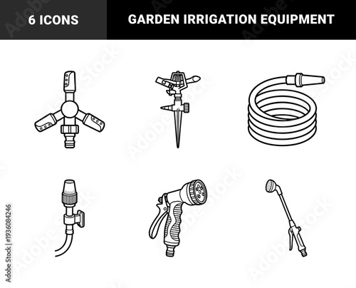 Garden irrigation equipment and watering tools in bold monoline style. Technical line art featuring sprinklers, spray guns, and garden hoses for landscaping.