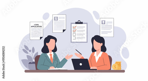 Two women discussing business in an office setting.