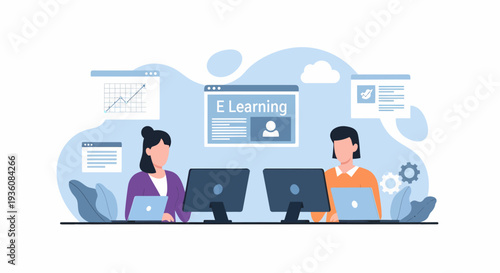 Two women engaged in e-learning using computers and laptops, studying online.