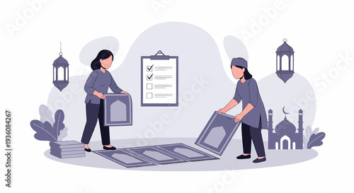 Two women preparing prayer mats for religious observance.