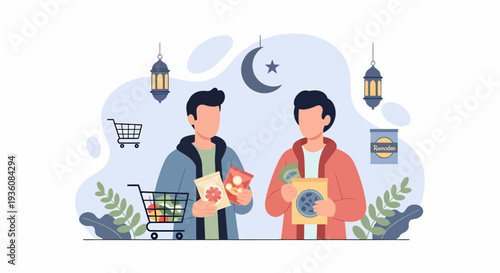 Two young men shopping for groceries and celebrating Ramadan together.