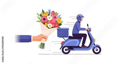 A delivery person on a scooter transports a beautiful bouquet of fresh flowers, symbolizing efficient gift delivery services for special occasions and celebrations.