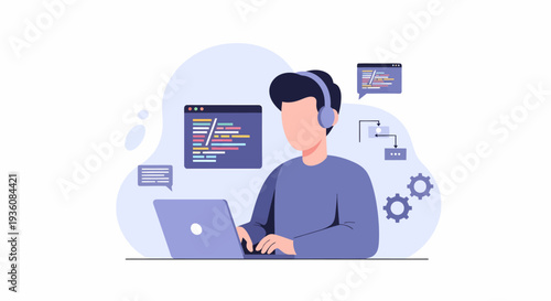 Young Male Programmer Coding on Laptop with Headphones.