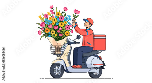 A vibrant, colorful floral bouquet is swiftly delivered by a small blue scooter, symbolizing fast and cheerful express service.