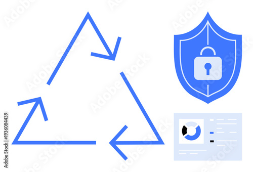 Data security concept. Data security by a shield icon, recycling graphic, and statistical dashboard. Data security include sustainability, privacy, compliance, technology, and analysis