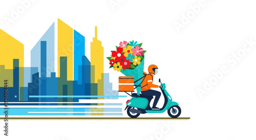 A speedy delivery rider on a scooter transports a vibrant flower bouquet and package through a modern city, symbolizing urban logistics and convenient online shopping.