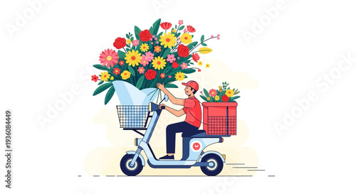 A dedicated courier on a modern electric scooter delivers a massive, colorful arrangement of beautiful flowers, ensuring timely and delightful surprise.