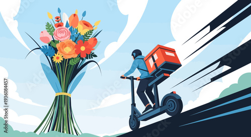 A swift delivery person on an electric scooter quickly transports a special floral gift, symbolizing efficient modern service and convenient urban logistics.