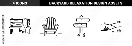 Outdoor park and garden relaxation elements in bold monoline style. Minimalist backyard furniture featuring bench with blanket and Adirondack chair.