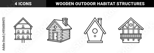 Birdhouse and rustic cabin architectural line art for backyard wildlife conservation and woodworking projects. Bold monoline garden habitat illustrations.