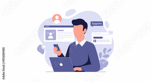 Young man using a laptop computer and smartphone for communication.