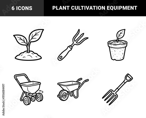 Gardening and horticulture maintenance equipment for backyard cultivation. Chunky monoline illustrations featuring seedlings, trowels, pitchforks, and manual spreaders.