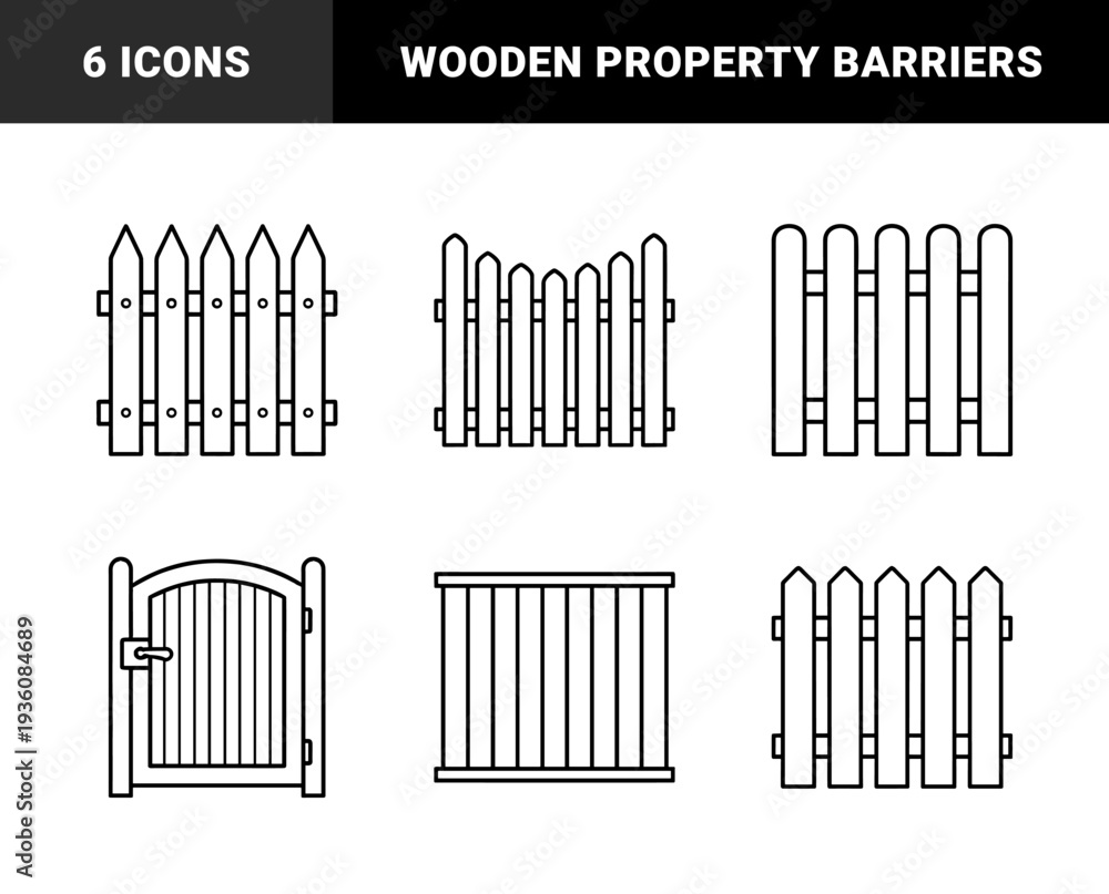 Obraz premium Wooden picket fence and garden gate linear elements for landscape design and property boundary visualization. Minimalist monoline garden exterior construction symbols.