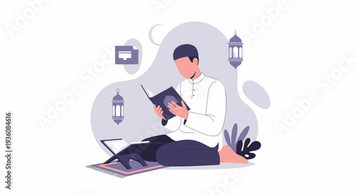 Young Muslim Man Reading Holy Quran Book During Ramadan Celebration.