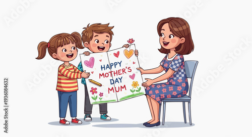 Vector illustration of happy children giving Mother's Day gift to their mother at home