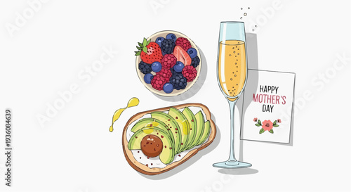 A vibrant vector illustration of a Mother's Day breakfast, featuring avocado toast, fruit salad, and champagne, viewed from directly above