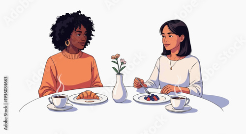 A heartwarming vector Mother's Day illustration of two women enjoying a meal together, celebrating love and connection at a beautifully set table.
