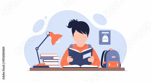 Young student reading a book at a desk with lamp and backpack.