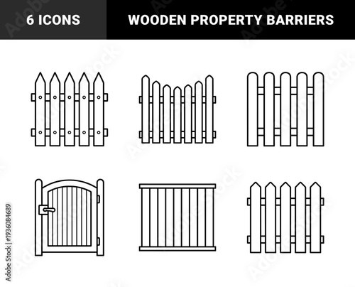 Wooden picket fence and garden gate linear elements for landscape design and property boundary visualization. Minimalist monoline garden exterior construction symbols.