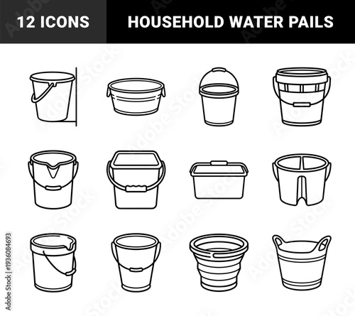 Household plastic buckets and cleaning pails for domestic maintenance. Technical monoline outline drawings featuring various water containers and storage basins.